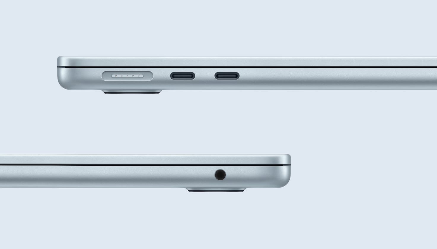 Ein MacBook von zwei verschiedenen Seiten mit unterschiedlichen Anschl&uuml;ssen.