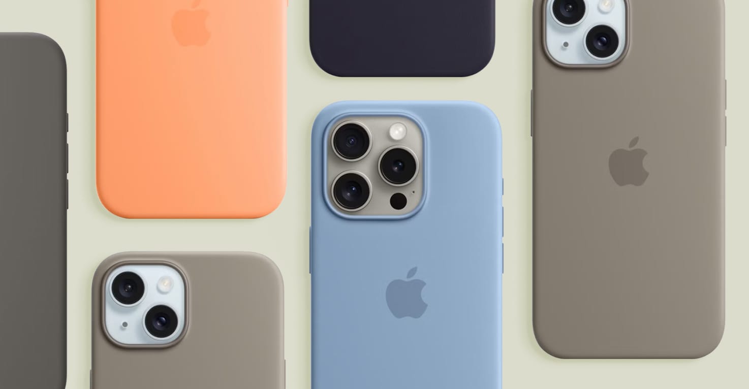 Verschiedene Farben offizieller Apple-Hüllen auf taupefarbenem Hintergrund.