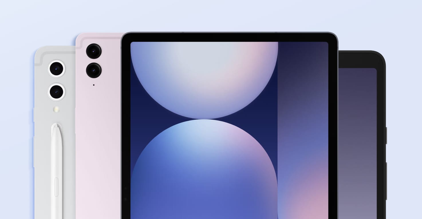 Mehrere Samsung-Tablets vor einem lila Hintergrund