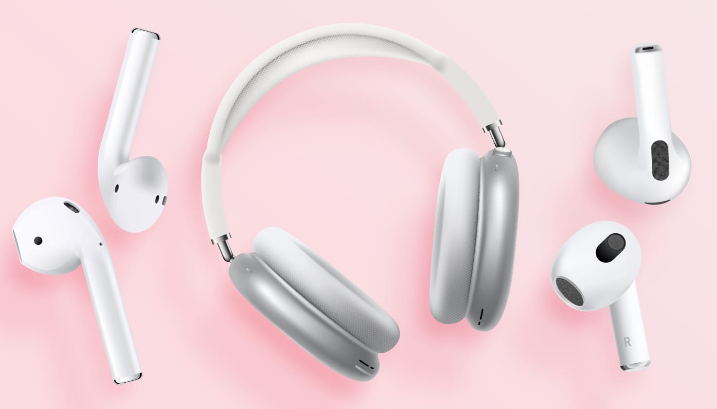 Sammlung von Apple AirPods, Apple AirPods Pro und Apple AirPods Max.