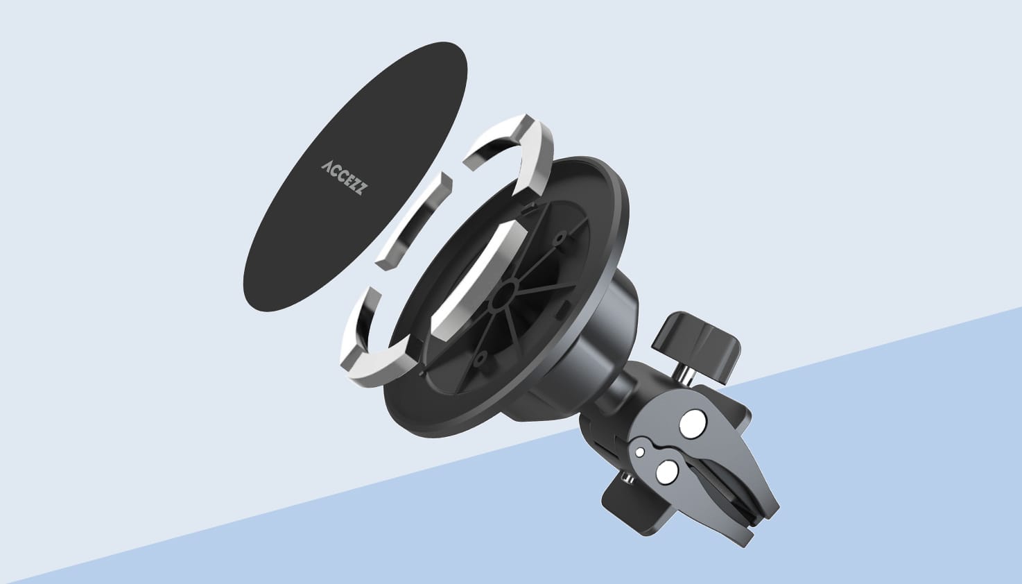 Ein Foto von einem magnetischen Handyhalter, auseinander genommen, um die Funktionsweise zu veranschaulichen.