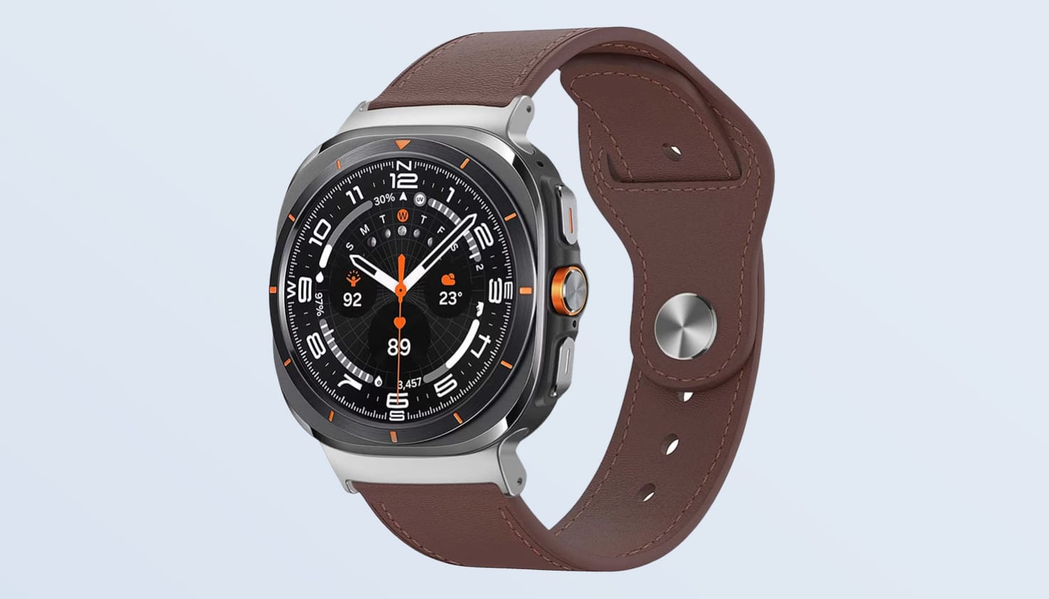 Foto einer Smartwatch mit braunem Lederarmband.
