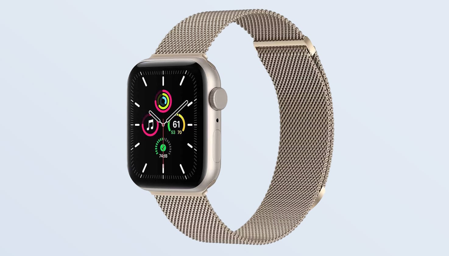 Foto einer Apple Watch mit Milanaise-Armband in der Farbe Sternenlicht.