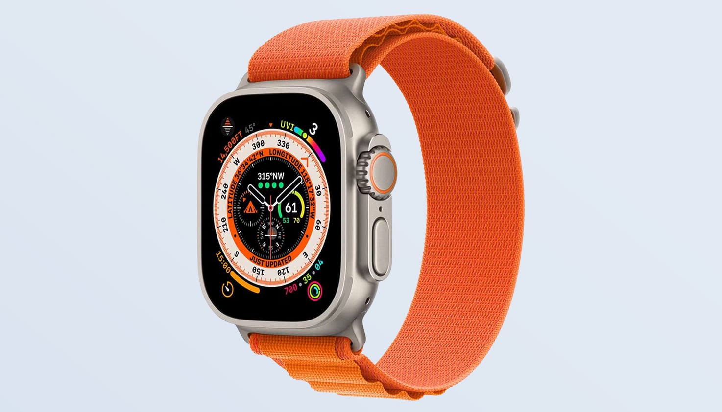 Foto einer Apple Watch Ultra mit orangem Nylonarmband.