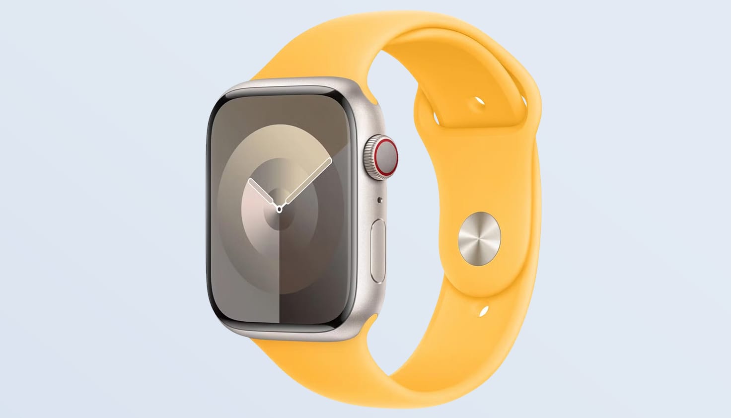 Foto einer Apple Watch mit gelbem Silikonarmband.