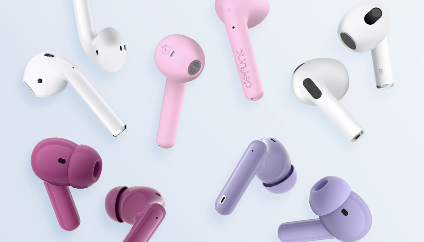 Ein Flatlay verschiedener kabelloser Bluetooth-Kopfhörer von imoshion, Apple und Defunc.