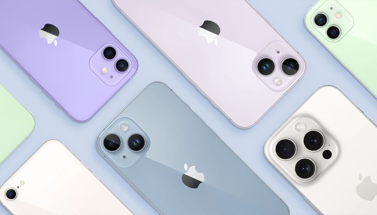 Eine Flatlay-Aufnahme verschiedener iPhone-Modelle in verschiedenen Farben.